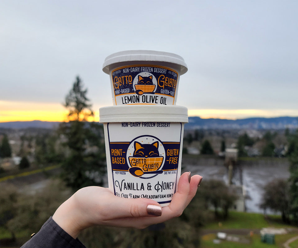 a hand holds up a stack of gatto gelato products: a pint of Vanilla & Honey non-dairy gelato and a 4 ounce single-serving of lemon olive oil non-dairy gelato from the vantage point of Mt. Tabor looking out over Portland