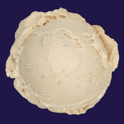 a scoop of Vanilla & Honey non dairy gelato, with small flecks of vanilla bean showing through, against a dark navy background